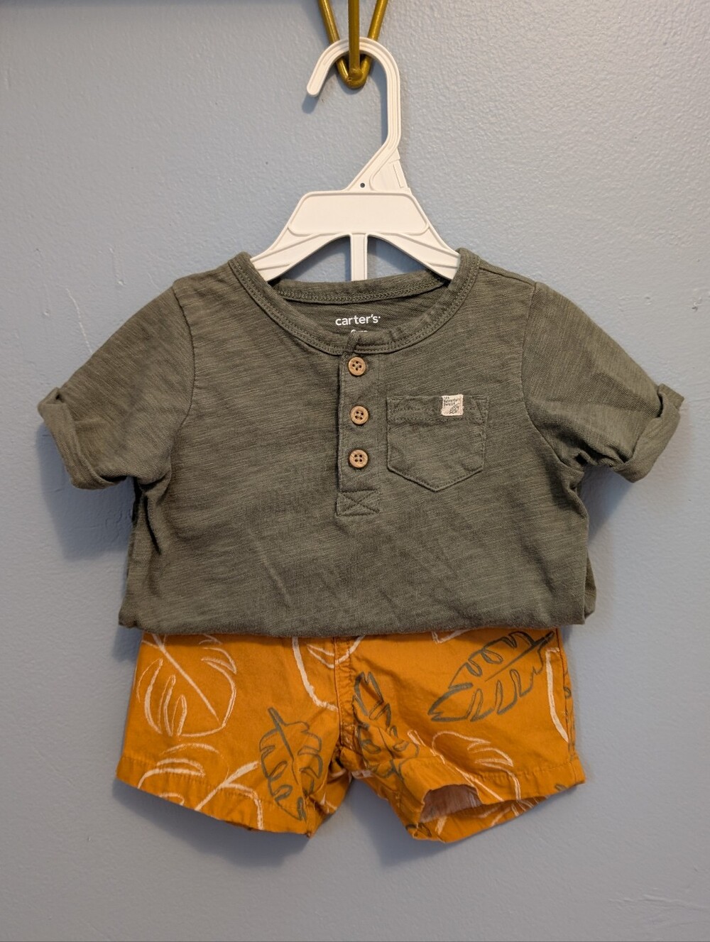 Carter's Olive Green Henley Tee with Mustard Tropical Leaf Shorts Set